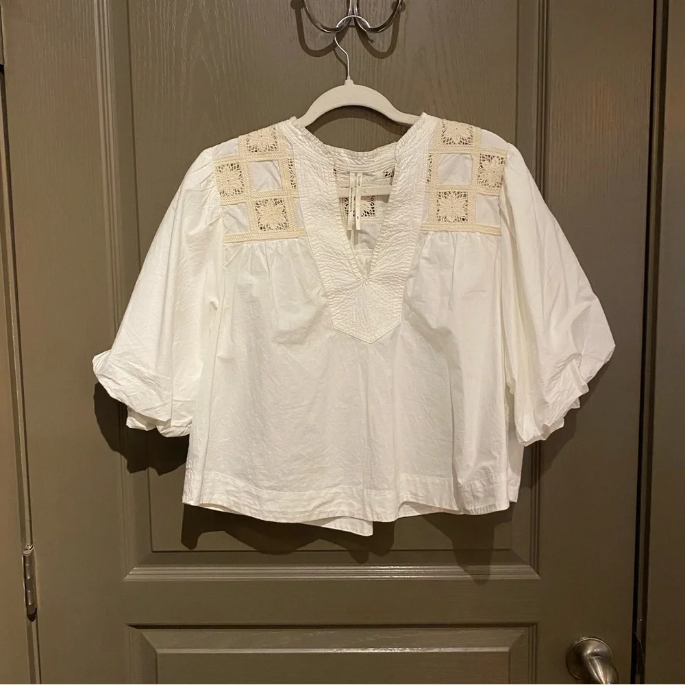 By Anthropologie Puff-Sleeve Crochet Blouse Color: White